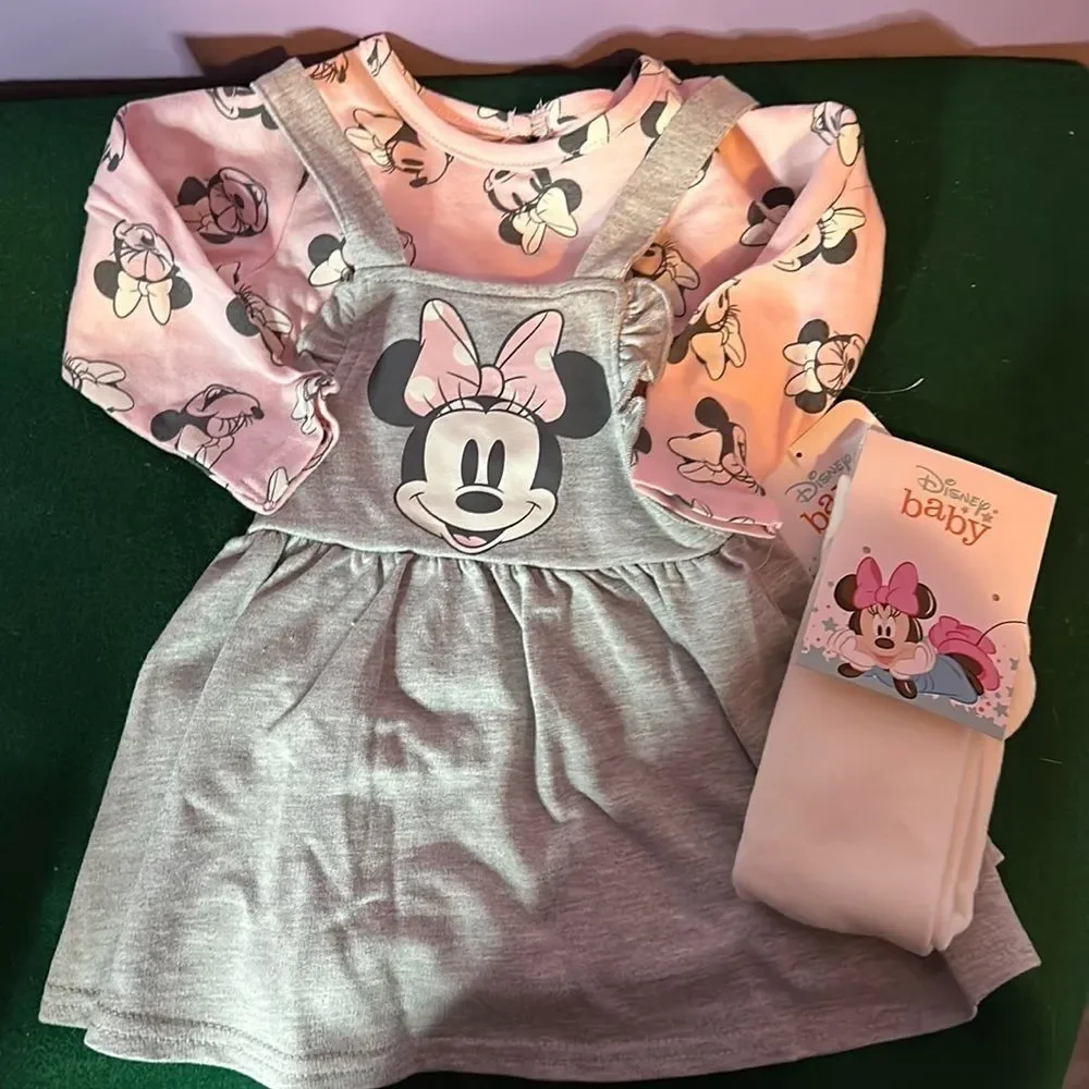 Disney Minnie Mouse Pink & Gray Pinafore Dress Set Baby Girls Size 12 Months